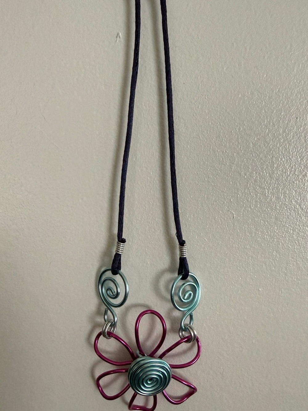 Handcrafted Pink & Teal Flower Pendant Necklace